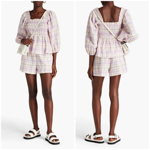💕GANNI💕 Smocked Seersucker Plaid Top ~ Orchid Bloom Checked Print 44 EU NWT - Picture 6 of 16
